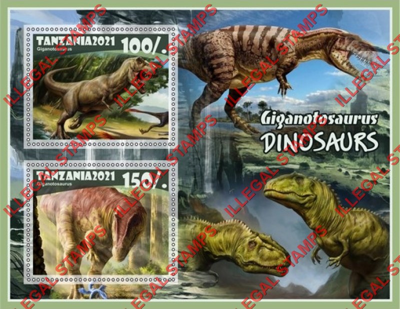 Tanzania 2021 Dinosaurs Illegal Stamp Souvenir Sheet of 2 Tanzania 2021 Dinosaurs Illegal Stamp Souvenir Sheet of 2