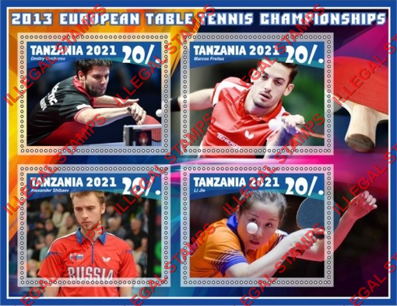 Tanzania 2021 European Table Tennis Championships 2013 Players Illegal Stamp Souvenir Sheet of 4 Tanzania 2021 European Table Tennis Championships 2013 Players Illegal Stamp Souvenir Sheet of 4