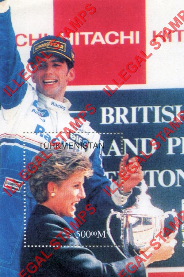 Turkmenistan 1997 Princess Diana and Demon Hill Formula I Driver Illegal Stamp Souvenir Sheet of 1
