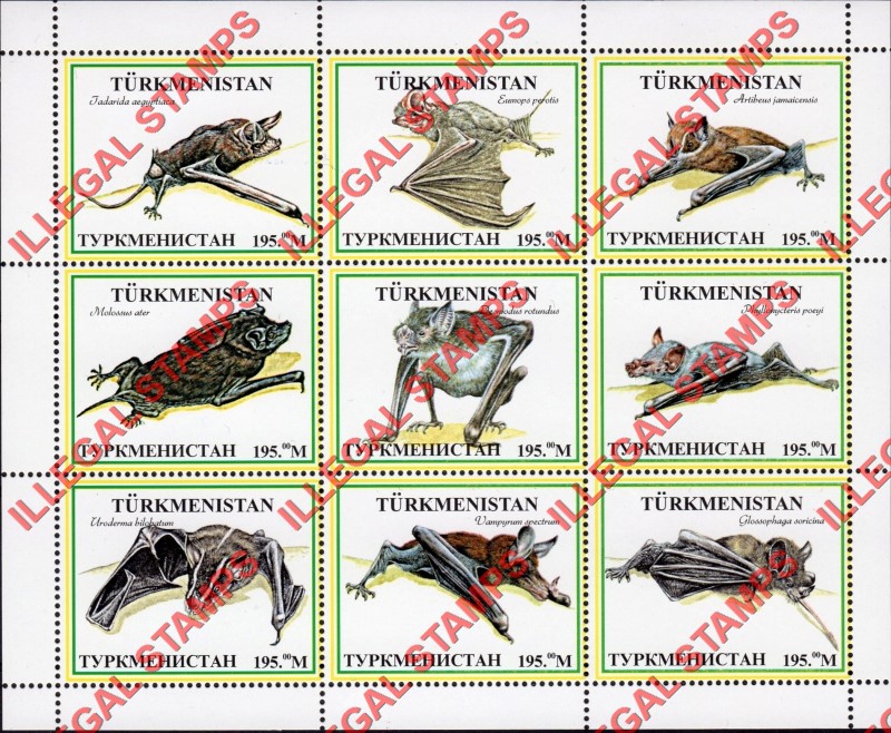 Turkmenistan 1998 Bats Illegal Stamp Souvenir Sheets of 9 (Sheet 2) Turkmenistan 1998 Bats Illegal Stamp Souvenir Sheets of 9 (Sheet 2)