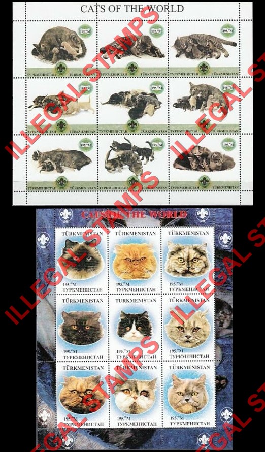 Turkmenistan 1998 Cats of the World Illegal Stamp Souvenir Sheets of 9 Turkmenistan 1998 Cats of the World Illegal Stamp Souvenir Sheets of 9