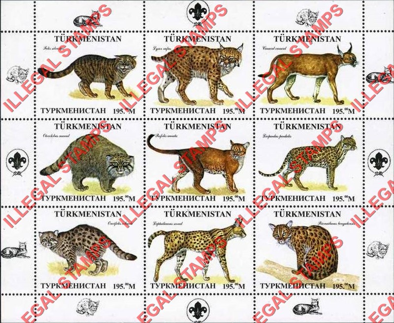 Turkmenistan 1998 Cats Wild Cats Illegal Stamp Souvenir Sheet of 9 Turkmenistan 1998 Cats Wild Cats Illegal Stamp Souvenir Sheet of 9