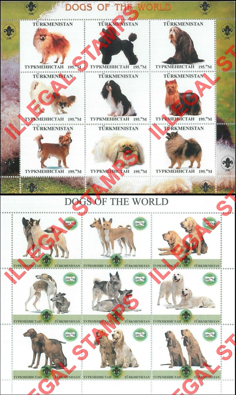 Turkmenistan 1998 Dogs of the World Illegal Stamp Souvenir Sheets of 9 Turkmenistan 1998 Dogs of the World Illegal Stamp Souvenir Sheets of 9