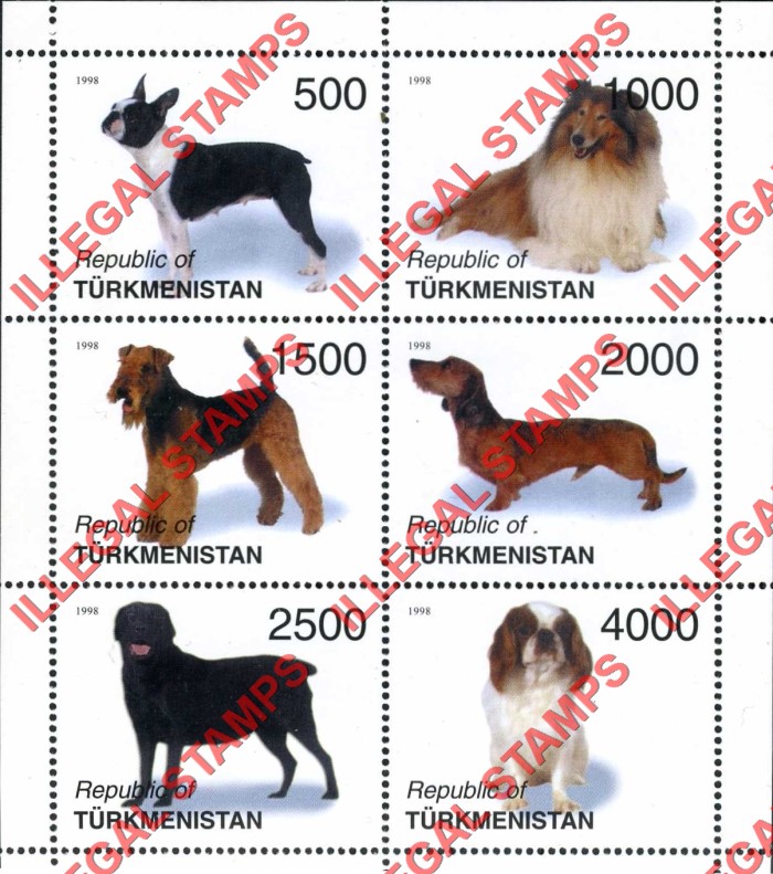 Turkmenistan 1998 Dogs Illegal Stamp Souvenir Sheet of 6 Turkmenistan 1998 Dogs Illegal Stamp Souvenir Sheet of 6