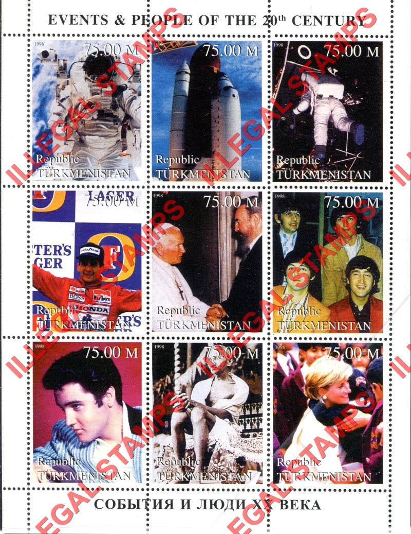 Turkmenistan 1998 Events and People of the 20th Century Illegal Stamp Souvenir Sheet of 9 Turkmenistan 1998 Events and People of the 20th Century Illegal Stamp Souvenir Sheet of 9