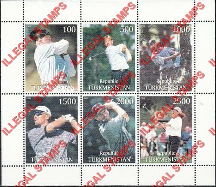 Turkmenistan 1998 Golf Players Golfers Illegal Stamp Souvenir Sheet of 6 Turkmenistan 1998 Golf Players Golfers Illegal Stamp Souvenir Sheet of 6