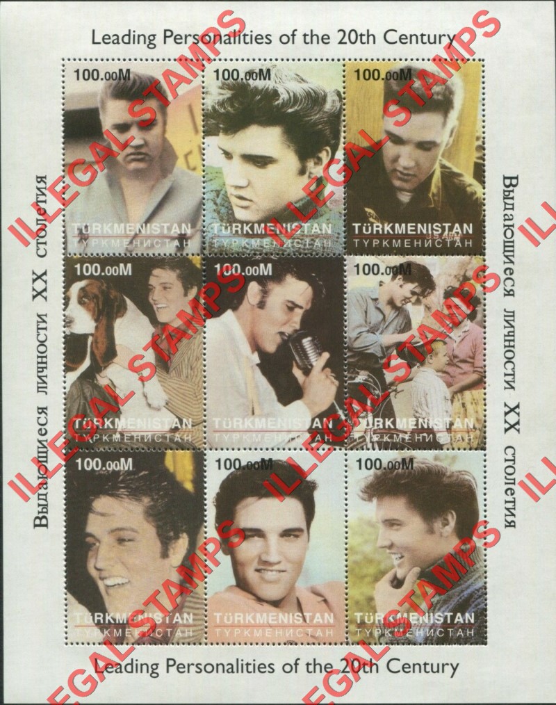 Turkmenistan 1998 Leading Personalities of the 20th Century Elvis Presley Illegal Stamp Souvenir Sheet of 9 Turkmenistan 1998 Leading Personalities of the 20th Century Elvis Presley Illegal Stamp Souvenir Sheet of 9