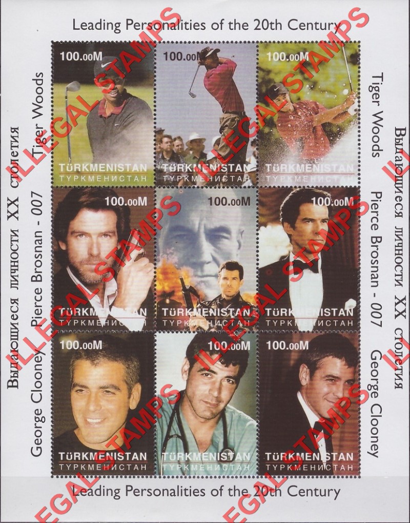 Turkmenistan 1998 Leading Personalities of the 20th Century Illegal Stamp Souvenir Sheet of 9 Turkmenistan 1998 Leading Personalities of the 20th Century Illegal Stamp Souvenir Sheet of 9