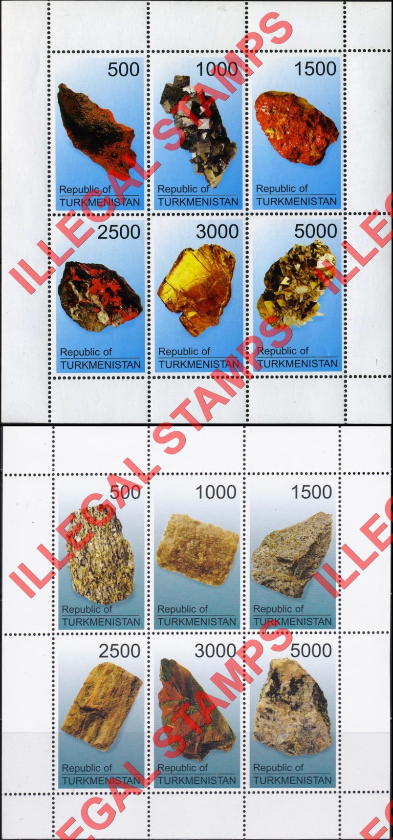 Turkmenistan 1998 Minerals Illegal Stamp Souvenir Sheet of 6 Turkmenistan 1998 Minerals Illegal Stamp Souvenir Sheet of 6