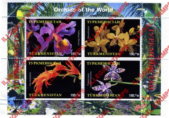 Turkmenistan 1998 Orchids Illegal Stamp Souvenir Sheet of 4 Turkmenistan 1998 Orchids Illegal Stamp Souvenir Sheet of 4