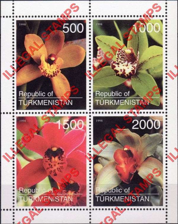 Turkmenistan 1998 Orchids Illegal Stamp Souvenir Sheet of 4 (Different) Turkmenistan 1998 Orchids Illegal Stamp Souvenir Sheet of 4 (Different)