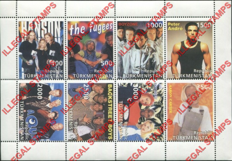 Turkmenistan 1998 Pop Stars Illegal Stamp Souvenir Sheet of 8 Turkmenistan 1998 Pop Stars Illegal Stamp Souvenir Sheet of 8