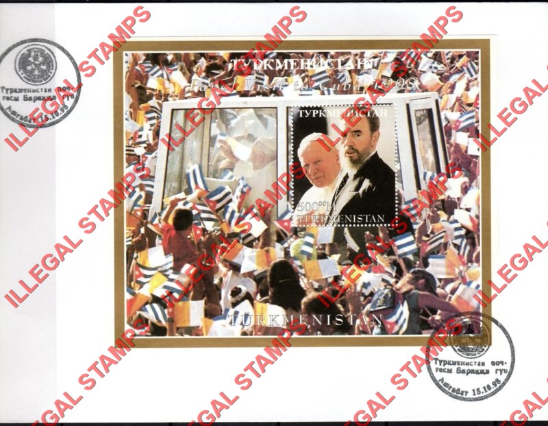 Turkmenistan 1998 Pope John Paul II visit to Cuba Illegal Stamp Souvenir Sheet of 1 on Fake First Day Cover Turkmenistan 1998 Pope John Paul II visit to Cuba Illegal Stamp Souvenir Sheet of 1 on Fake First Day Cover