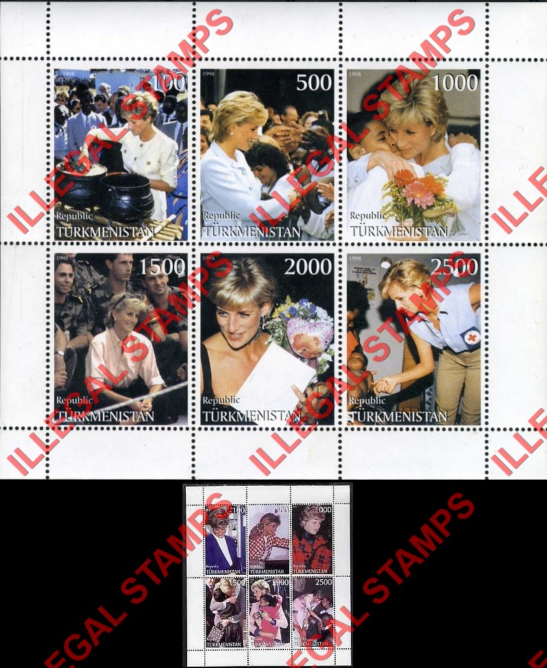 Turkmenistan 1998 Princess Diana Illegal Stamp Souvenir Sheet of 6 Turkmenistan 1998 Princess Diana Illegal Stamp Souvenir Sheet of 6