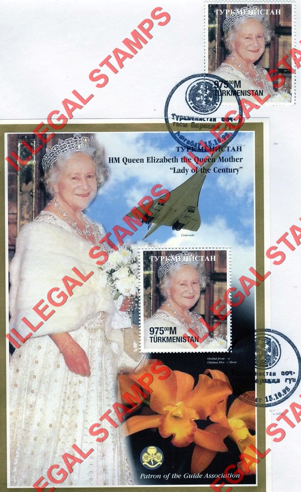 Turkmenistan 1998 Queen Mother Scouts and Concorde Illegal Stamp Souvenir Sheet of 1 on Fake First Day Cover Turkmenistan 1998 Queen Mother Scouts and Concorde Illegal Stamp Souvenir Sheet of 1 on Fake First Day Cover