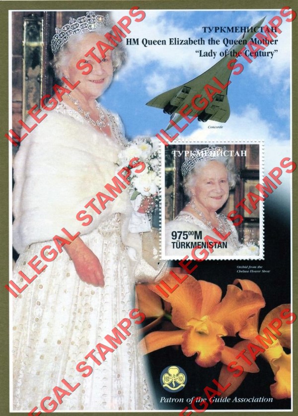 Turkmenistan 1998 Queen Mother Scouts and Concorde Illegal Stamp Souvenir Sheet of 1 Turkmenistan 1998 Queen Mother Scouts and Concorde Illegal Stamp Souvenir Sheet of 1