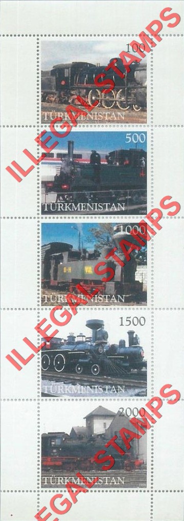 Turkmenistan 1998 Steam Locomotives Illegal Stamp Souvenir Sheet of 5 Turkmenistan 1998 Steam Locomotives Illegal Stamp Souvenir Sheet of 5