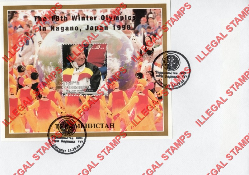 Turkmenistan 1998 Winter Olympics in Nagano Japan Illegal Stamp Souvenir Sheets of 1 on Fake First Day Cover Turkmenistan 1998 Winter Olympics in Nagano Japan Illegal Stamp Souvenir Sheet of 1 on Fake First Day Cover