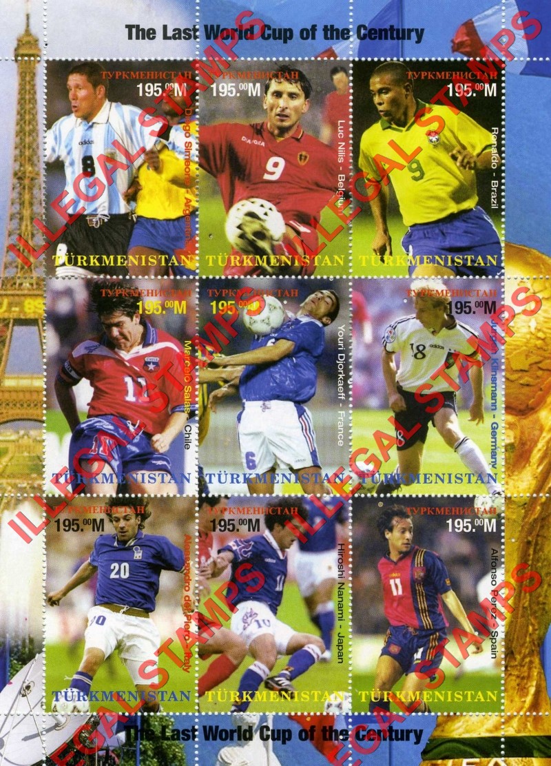 Turkmenistan 1998 World Cup Soccer Football Illegal Stamp Souvenir Sheet of 9 Turkmenistan 1998 World Cup Soccer Football Illegal Stamp Souvenir Sheet of 9
