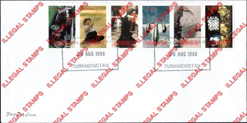 Turkmenistan 1998 World Records Millennium Series Illegal Stamp Strip of 6 on Fake First Day Cover Turkmenistan 1998 World Records Millennium Series Illegal Stamp Strip of 6 on Fake First Day Cover