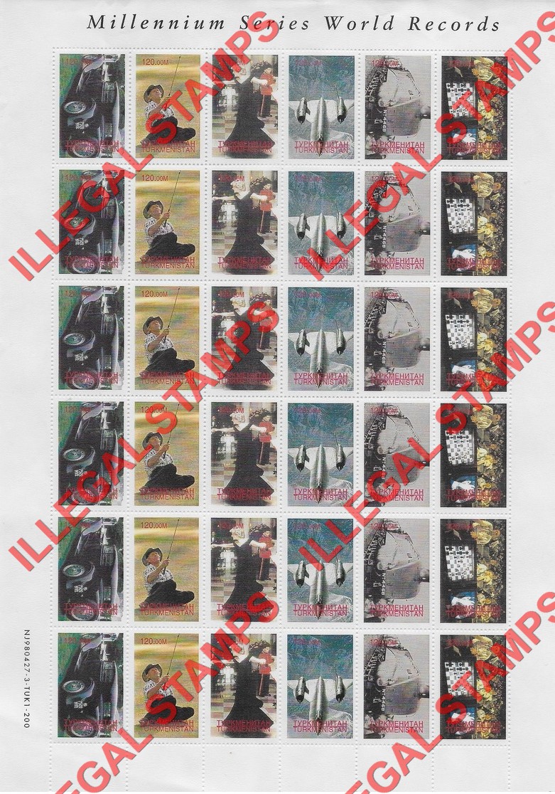 Turkmenistan 1998 World Records Millennium Series Illegal Stamp Sheet of 6 Strips of 6 Turkmenistan 1998 World Records Millennium Series Illegal Stamp Sheet of 6 Strips of 6