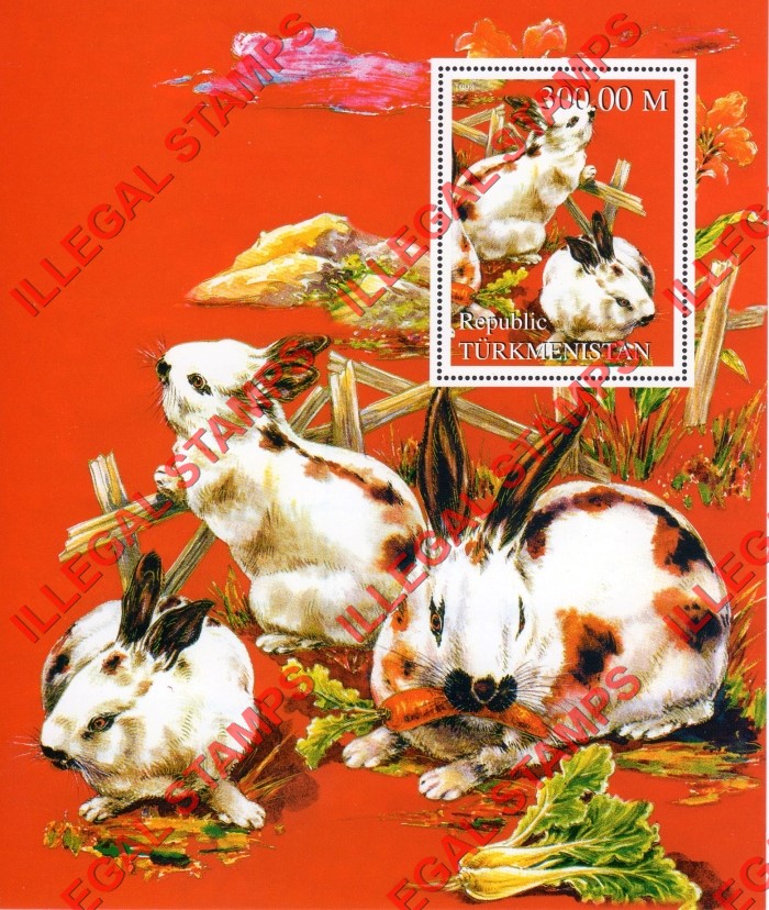 Turkmenistan 1998 Year of the Rabbit (1999) Rabbits Illegal Stamp Souvenir Sheet of 1 Turkmenistan 1998 Year of the Rabbit (1999) Rabbits Illegal Stamp Souvenir Sheet of 1