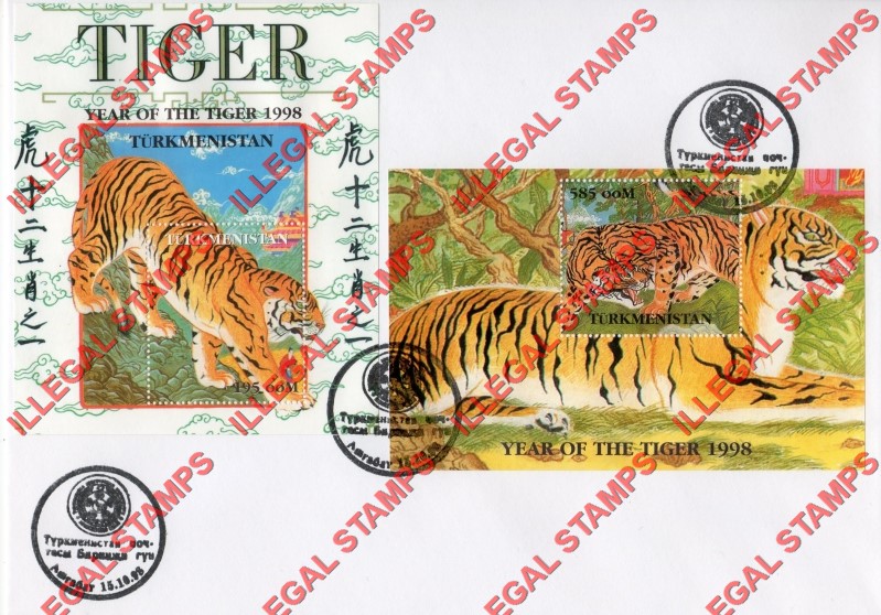 Turkmenistan 1998 Year of the Tiger Illegal Stamp Souvenir Sheets of 1 on Fake First Day Cover Turkmenistan 1998 Year of the Tiger Illegal Stamp Souvenir Sheets of 1 on Fake First Day Cover
