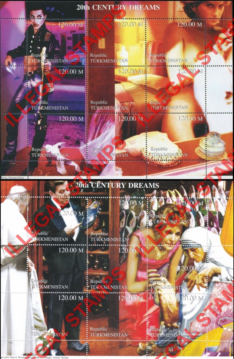 Turkmenistan 1999 20th Century Dreams Illegal Stamp Souvenir Sheets of 9 (Part 2) Turkmenistan 1999 20th Century Dreams Illegal Stamp Souvenir Sheets of 9 (Part 2)