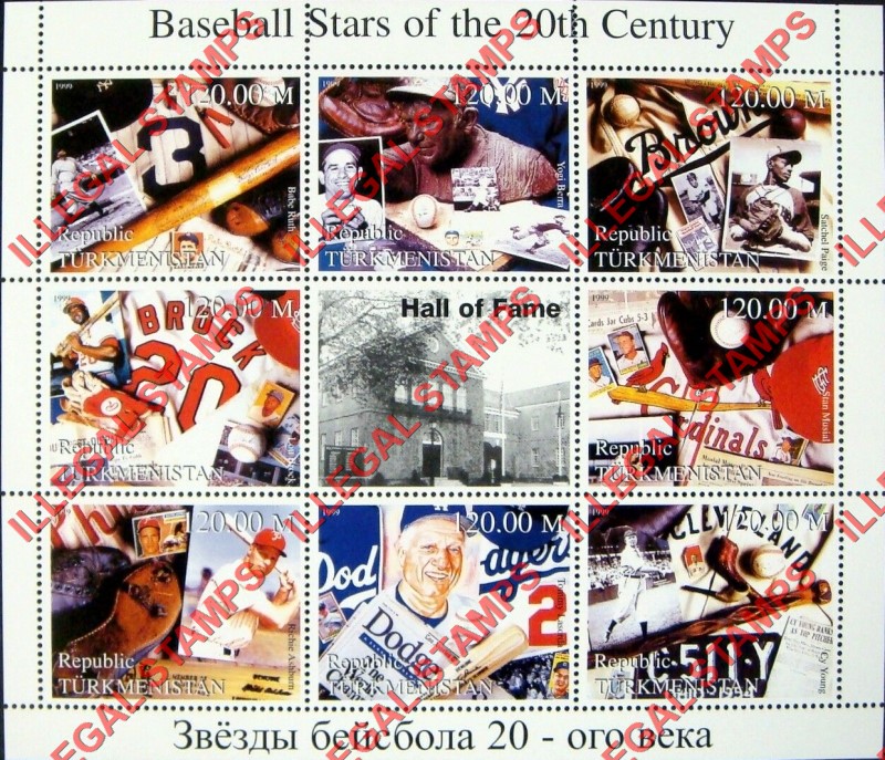 Turkmenistan 1999 Baseball Stars of the 20th Century Illegal Stamp Souvenir Sheet of 9 Turkmenistan 1999 Baseball Stars of the 20th Century Illegal Stamp Souvenir Sheet of 9