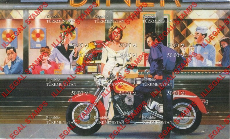 Turkmenistan 1999 Bikers Diner Illegal Stamp Souvenir Sheet of 9 Turkmenistan 1999 Bikers Diner Illegal Stamp Souvenir Sheet of 9