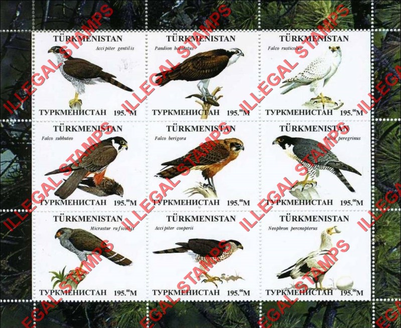Turkmenistan 1999 Birds of Prey Illegal Stamp Souvenir Sheet of 9 Turkmenistan 1999 Birds of Prey Illegal Stamp Souvenir Sheet of 9