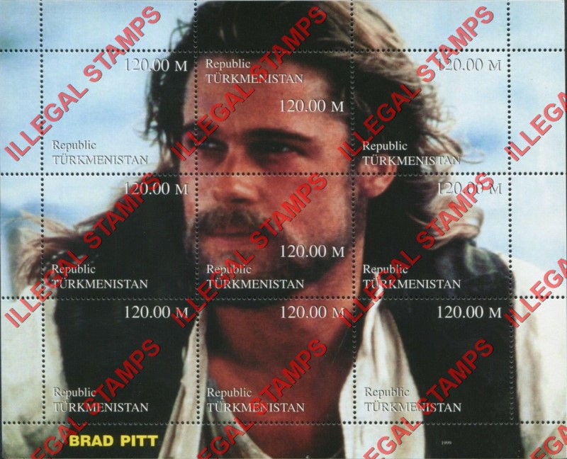 Turkmenistan 1999 Brad Pitt Illegal Stamp Souvenir Sheet of 9 Turkmenistan 1999 Brad Pitt Illegal Stamp Souvenir Sheet of 9