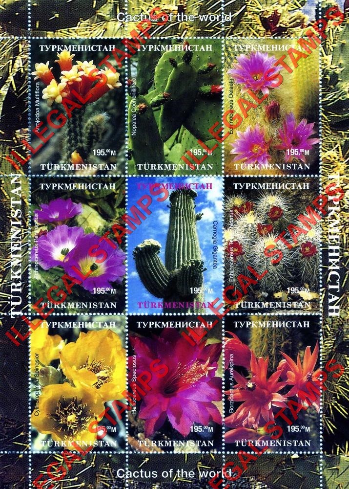 Turkmenistan 1999 Cactus of the World Illegal Stamp Souvenir Sheet of 9 Turkmenistan 1999 Cactus of the World Illegal Stamp Souvenir Sheet of 9
