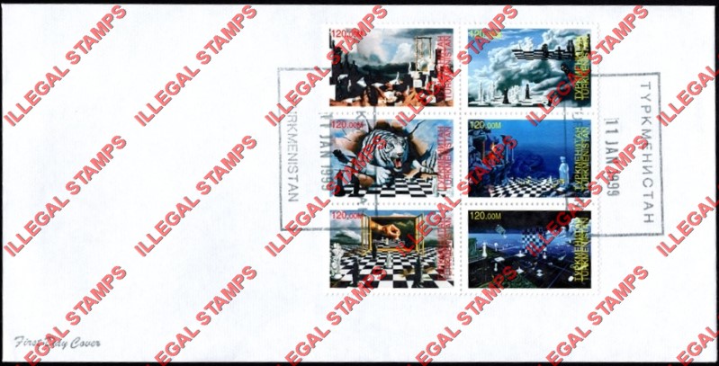 Turkmenistan 1999 Chess Boards Illegal Stamp Souvenir Sheet of 6 on Fake First Day Cover Turkmenistan 1999 Chess Boards Illegal Stamp Souvenir Sheet of 6 on Fake First Day Cover
