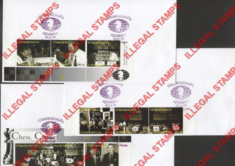 Turkmenistan 1999 Chess Classic Illegal Stamp Souvenir Sheet of 9 Pieces on Fake First Day Covers Turkmenistan 1999 Chess Classic Illegal Stamp Souvenir Sheet of 9 Pieces on Fake First Day Covers