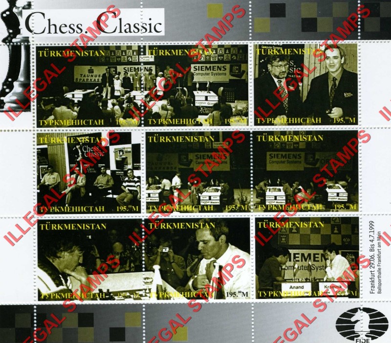 Turkmenistan 1999 Chess Classic Illegal Stamp Souvenir Sheet of 9 Turkmenistan 1999 Chess Classic Illegal Stamp Souvenir Sheet of 9