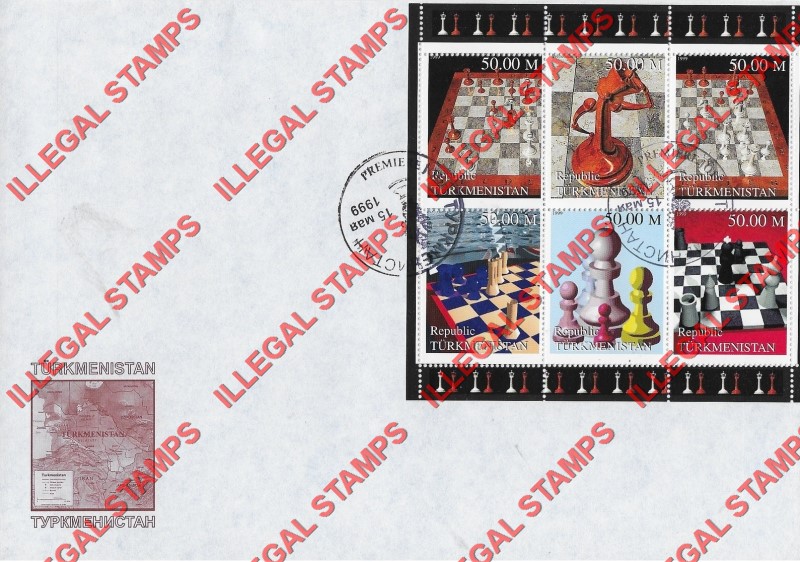 Turkmenistan 1999 Chess Illegal Stamp Souvenir Sheet of 6 on Fake First Day Cover Turkmenistan 1999 Chess Illegal Stamp Souvenir Sheet of 6 on Fake First Day Cover