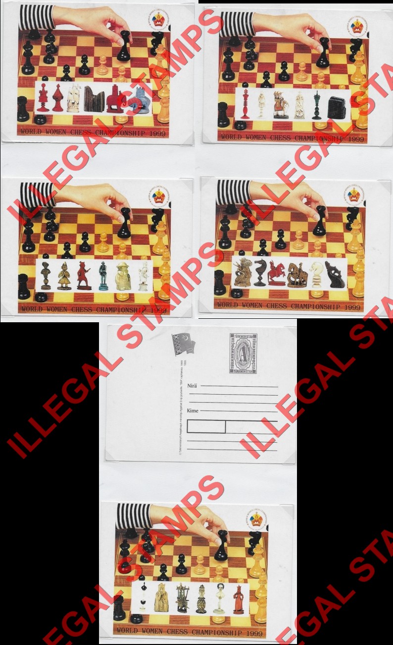 Turkmenistan 1999 Chess Pieces Women's Chess Championship Illegal Stamp Fake Postcards Turkmenistan 1999 Chess Pieces Women's Chess Championship Illegal Stamp Fake Postcards