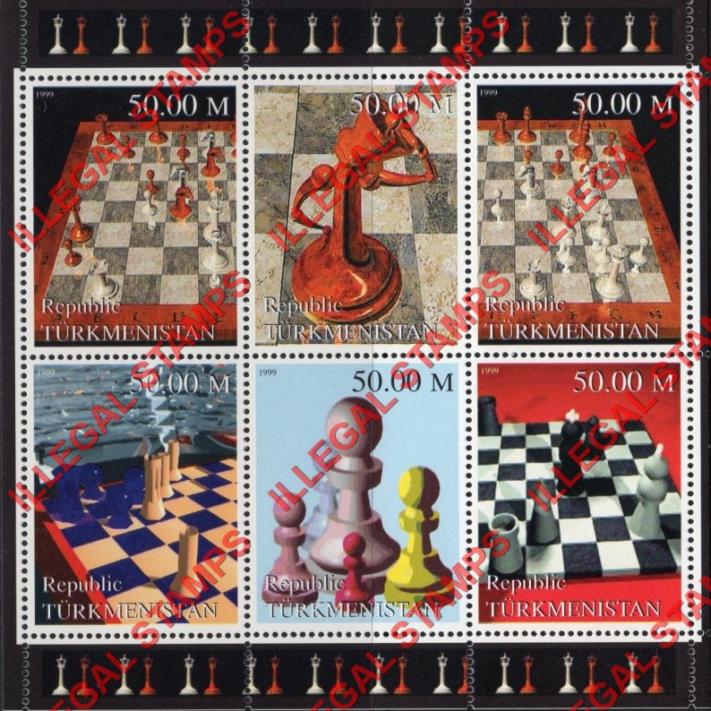 Turkmenistan 1999 Chess Illegal Stamp Souvenir Sheet of 6 Turkmenistan 1999 Chess Illegal Stamp Souvenir Sheet of 6