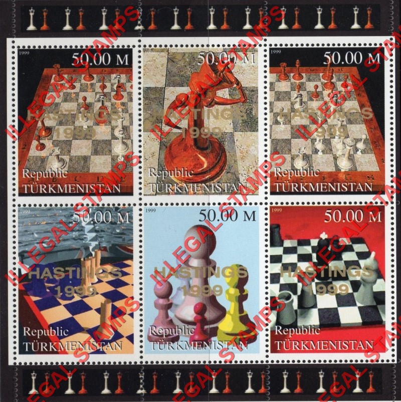 Turkmenistan 1999 Chess Illegal Stamp Souvenir Sheet of 6 Overprinted HASTINGS 1999 Turkmenistan 1999 Chess Illegal Stamp Souvenir Sheet of 6 Overprinted HASTINGS 1999
