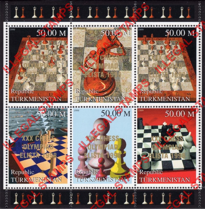 Turkmenistan 1999 Chess Illegal Stamp Souvenir Sheet of 6 Overprinted XXX CHESS OLYMPIAD ELISTA 1998 Turkmenistan 1999 Chess Illegal Stamp Souvenir Sheet of 6 Overprinted XXX CHESS OLYMPIAD ELISTA 1998