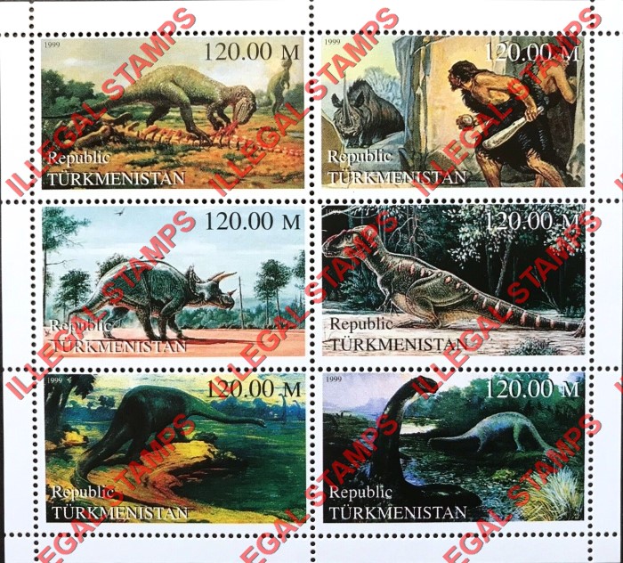 Turkmenistan 1999 Dinosaurs Illegal Stamp Souvenir Sheet of 6 Turkmenistan 1999 Dinosaurs Illegal Stamp Souvenir Sheet of 6