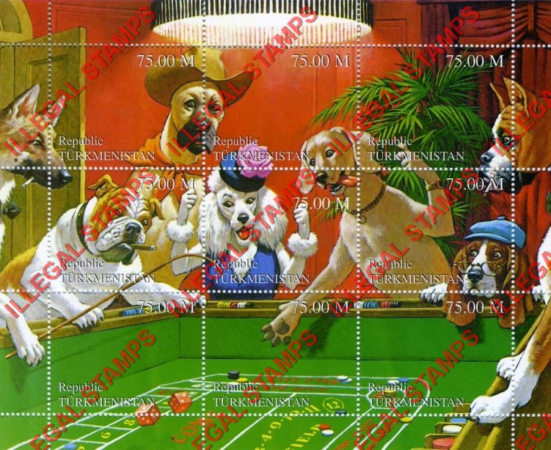 Turkmenistan 1999 Dogs Gambling Playing Craps Illegal Stamp Souvenir Sheet of 9 Turkmenistan 1999 Dogs Gambling Playing Craps Illegal Stamp Souvenir Sheet of 9