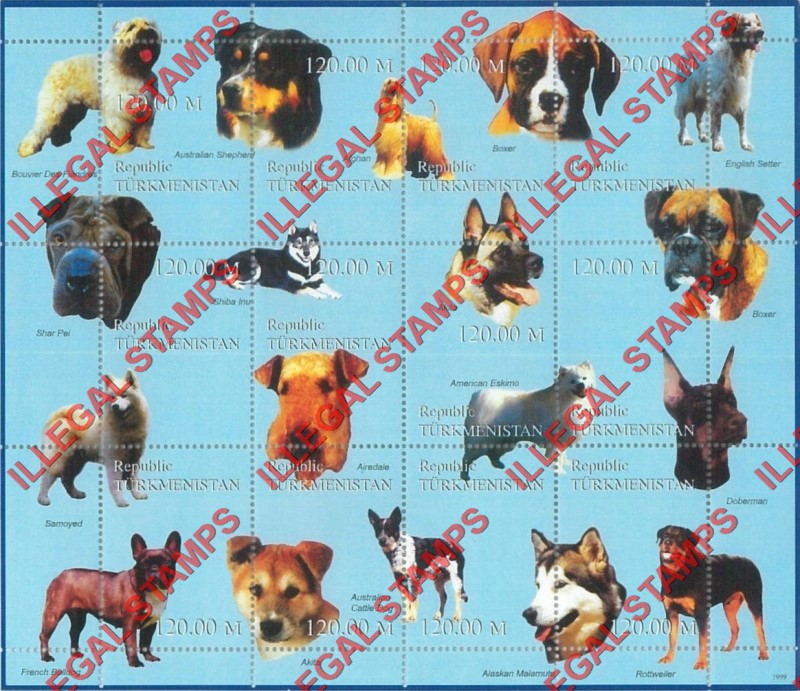 Turkmenistan 1999 Dogs Illegal Stamp Souvenir Sheet of 12 Turkmenistan 1999 Dogs Illegal Stamp Souvenir Sheet of 12