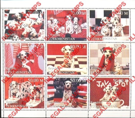 Turkmenistan 1999 Dogs Dalmatian Puppies Illegal Stamp Souvenir Sheet of 9 Turkmenistan 1999 Dogs Dalmatian Puppies Illegal Stamp Souvenir Sheet of 9