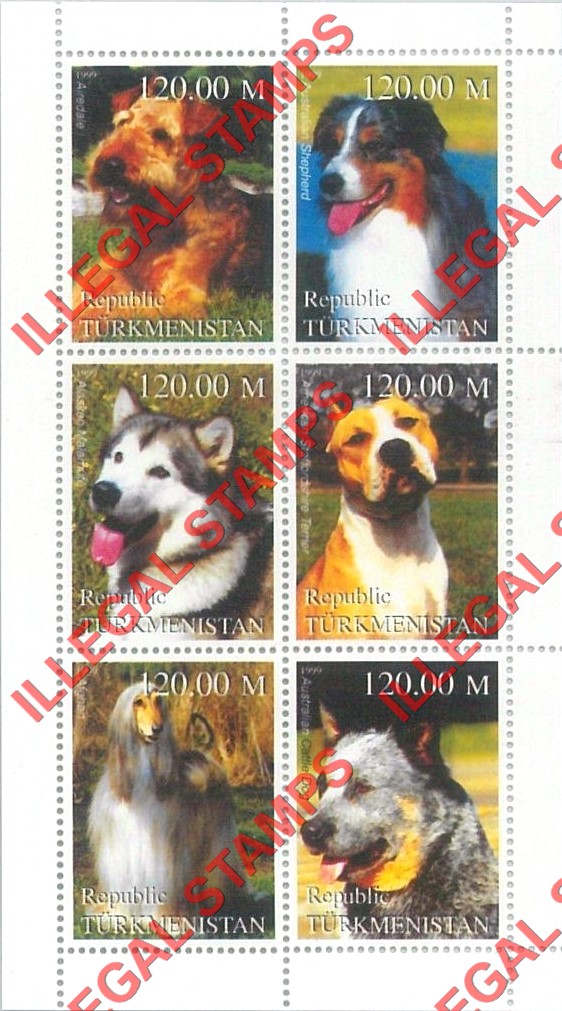 Turkmenistan 1999 Dogs Illegal Stamp Souvenir Sheet of 6 Turkmenistan 1999 Dogs Illegal Stamp Souvenir Sheet of 6
