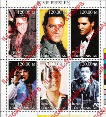 Turkmenistan 1999 Elvis Presley Illegal Stamp Souvenir Sheet of 6 Turkmenistan 1999 Elvis Presley Illegal Stamp Souvenir Sheet of 6