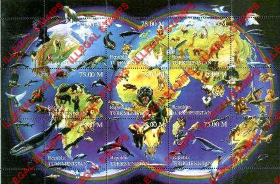 Turkmenistan 1999 Endangered Wildlife Illegal Stamp Souvenir Sheet of 9 Turkmenistan 1999 Endangered Wildlife Illegal Stamp Souvenir Sheet of 9
