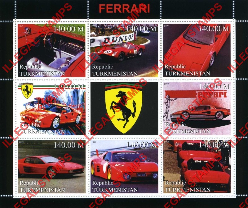 Turkmenistan 1999 Ferrari Illegal Stamp Souvenir Sheet of 9 Turkmenistan 1999 Ferrari Illegal Stamp Souvenir Sheet of 9