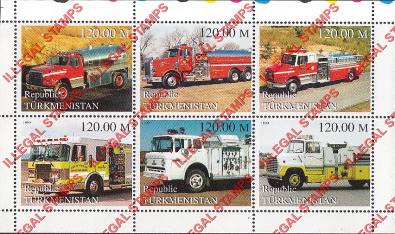 Turkmenistan 1999 Fire Engines Illegal Stamp Souvenir Sheet of 6 Turkmenistan 1999 Fire Engines Illegal Stamp Souvenir Sheet of 6
